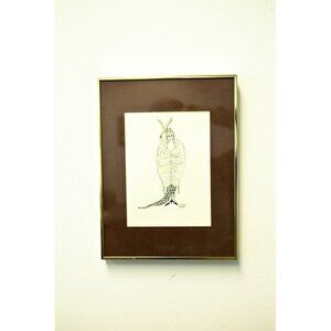 Vtg 1970's Detroit Artist Mary Ewald Pen And Ink Art Female Elegantly Dressed
